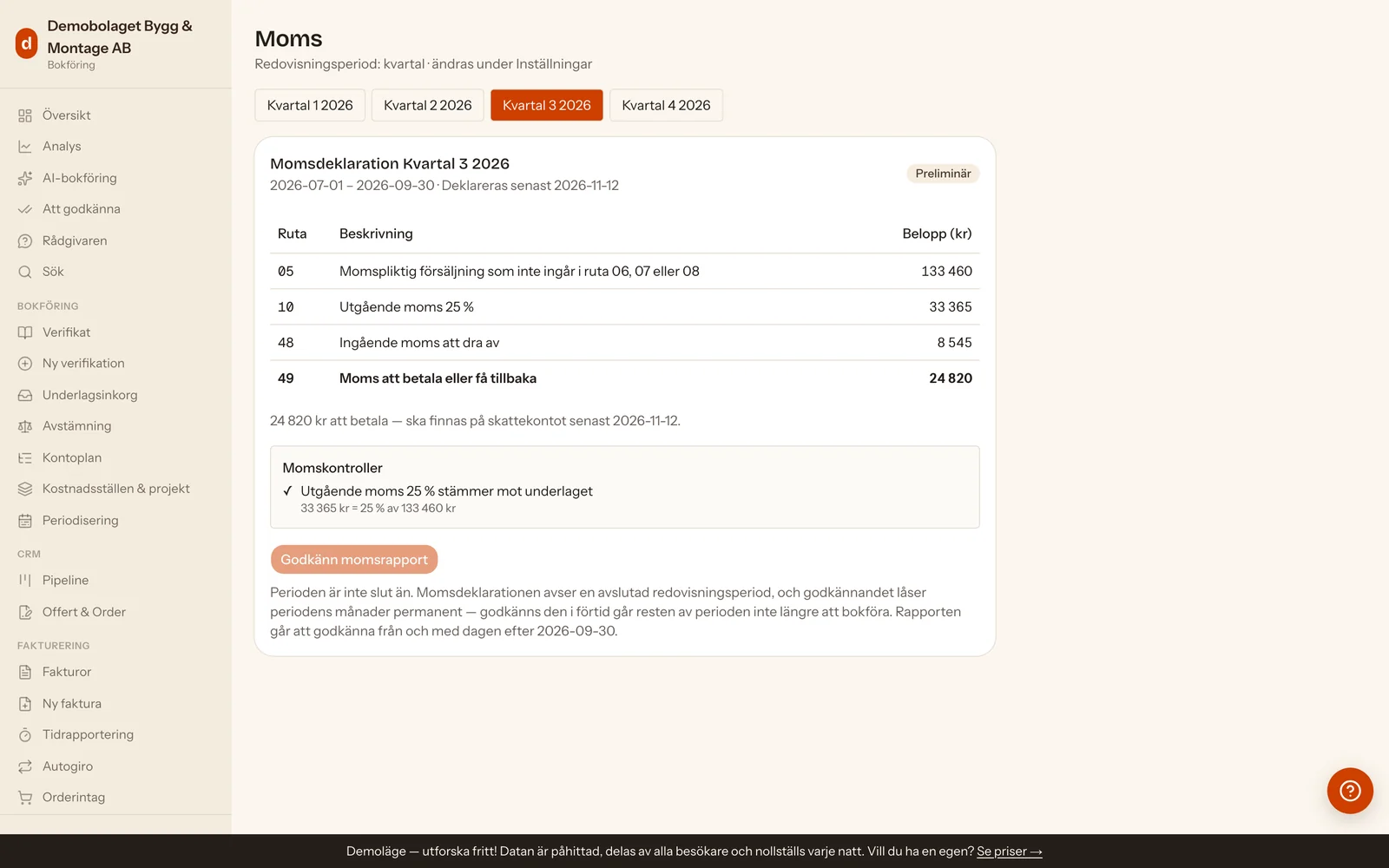 Momsdeklarationen för kvartal 3 2026 ruta för ruta: ruta 05, 10, 48 och 49 med belopp, deklarationsdatum och en momskontroll som stämmer av utgående moms mot underlaget.