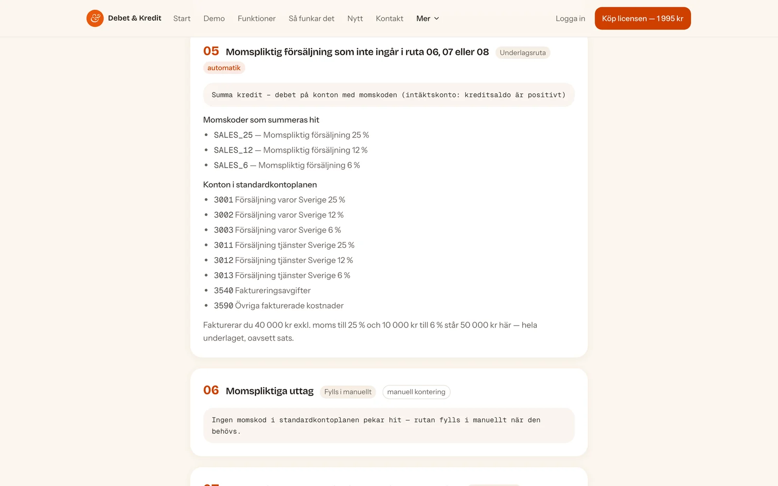 Regelverkets momssida med webbplatsens meny överst: momsruta 05 med formeln som räknar fram beloppet, momskoderna SALES_25, SALES_12 och SALES_6 som summeras hit, kontona 3001 till 3590 i standardkontoplanen och ett räkneexempel. Under den börjar ruta 06, märkt Fylls i manuellt.