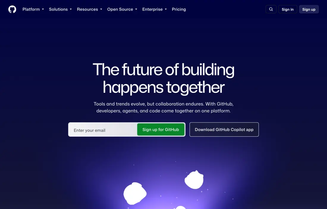 GitHubs startsida med knappen Sign up uppe till höger