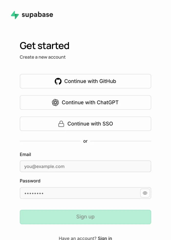 Supabases registreringssida med knappen Continue with GitHub