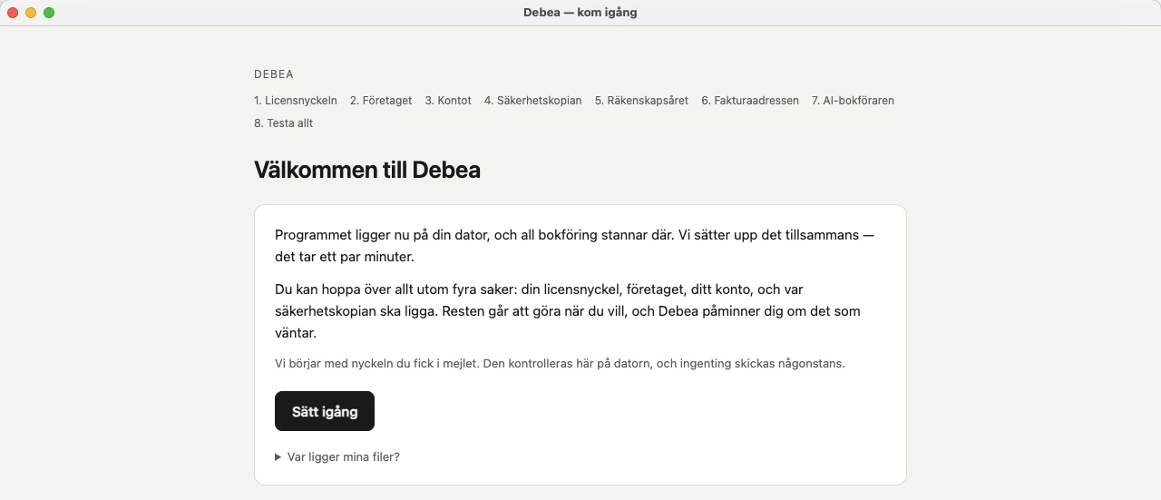 Välkomstsidan i Debeas uppsättning med de åtta stegen numrerade högst upp