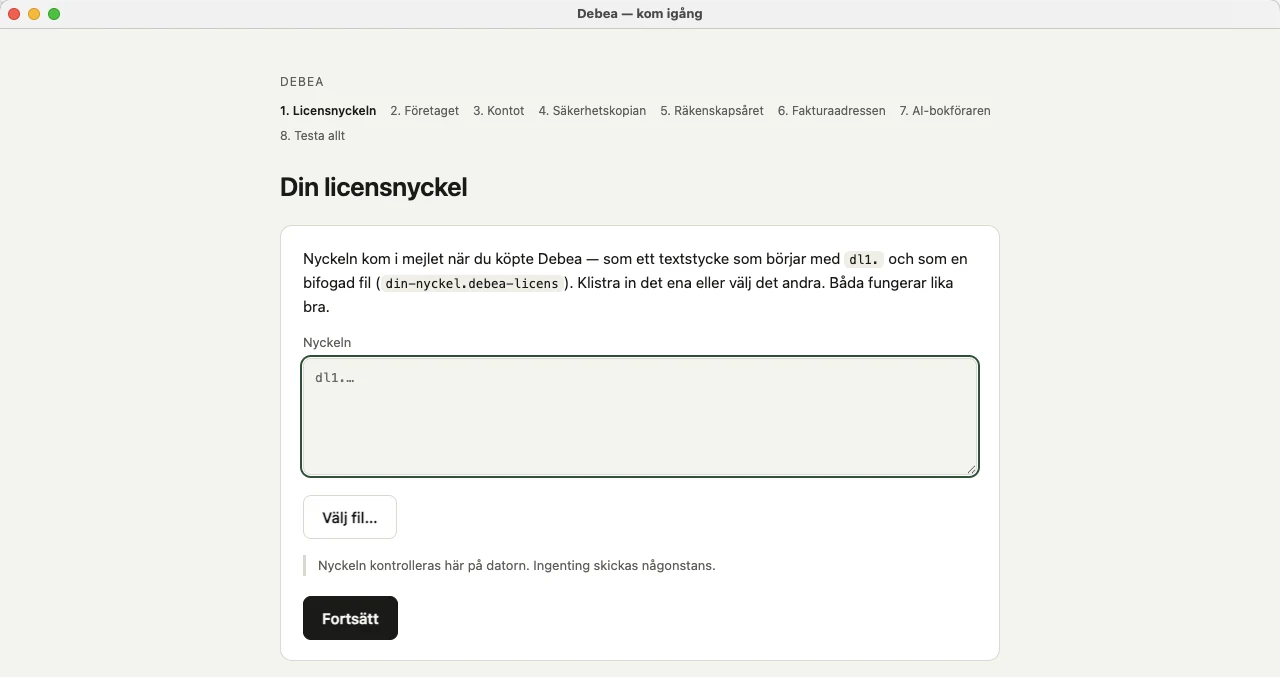 Steget för licensnyckeln, med ett tomt fält och platshållaren dl1.