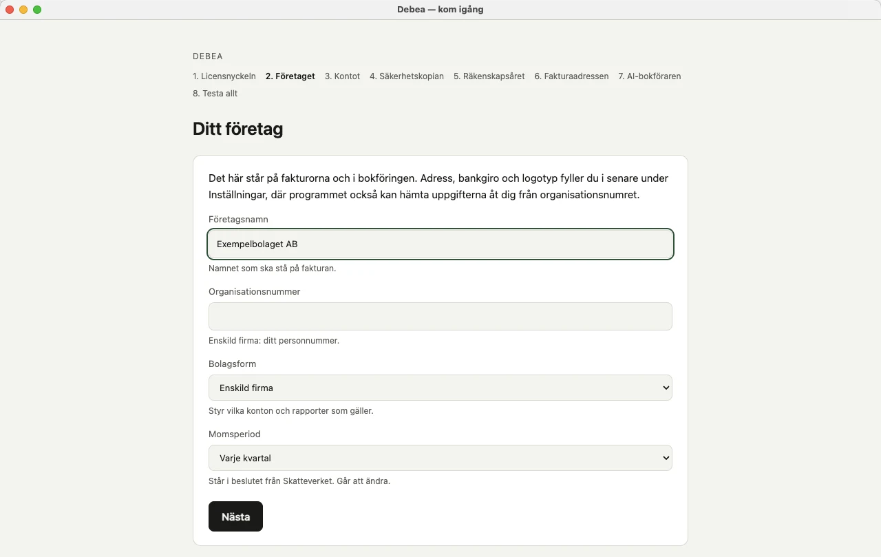 Steget Ditt företag med fält för företagsnamn, organisationsnummer, bolagsform och momsperiod