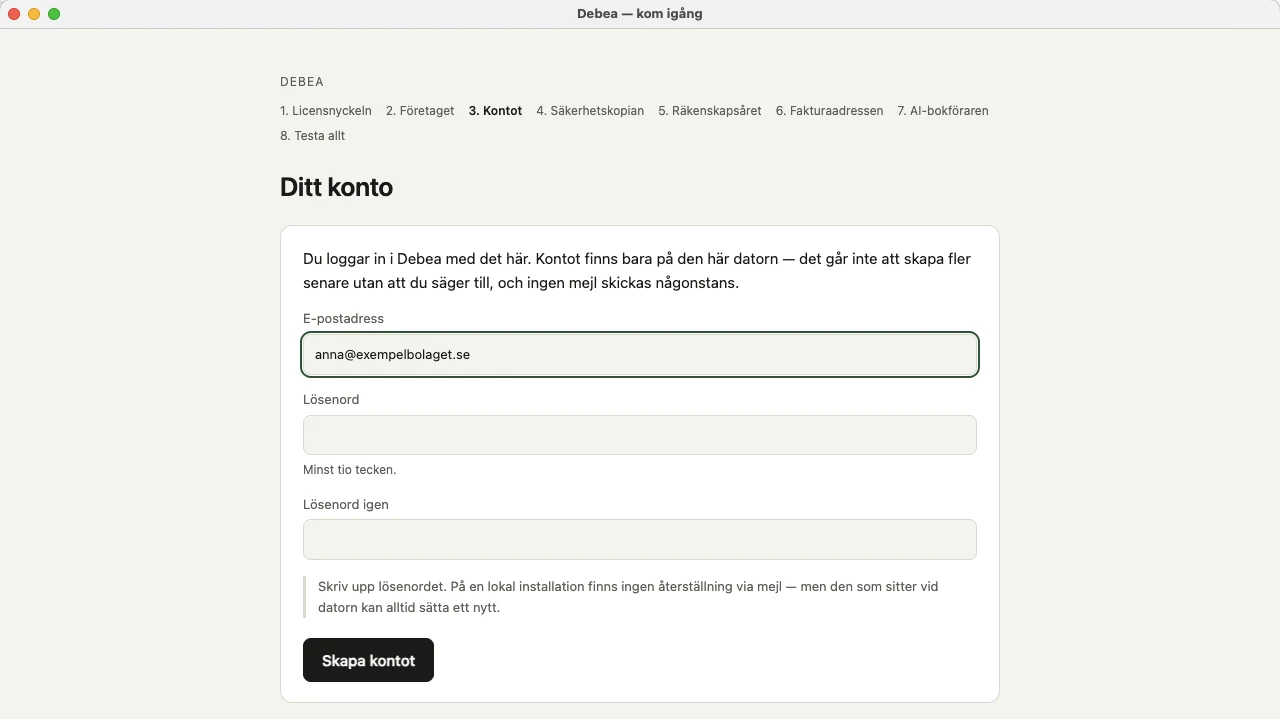 Steget Ditt konto med e-postadress och två lösenordsfält