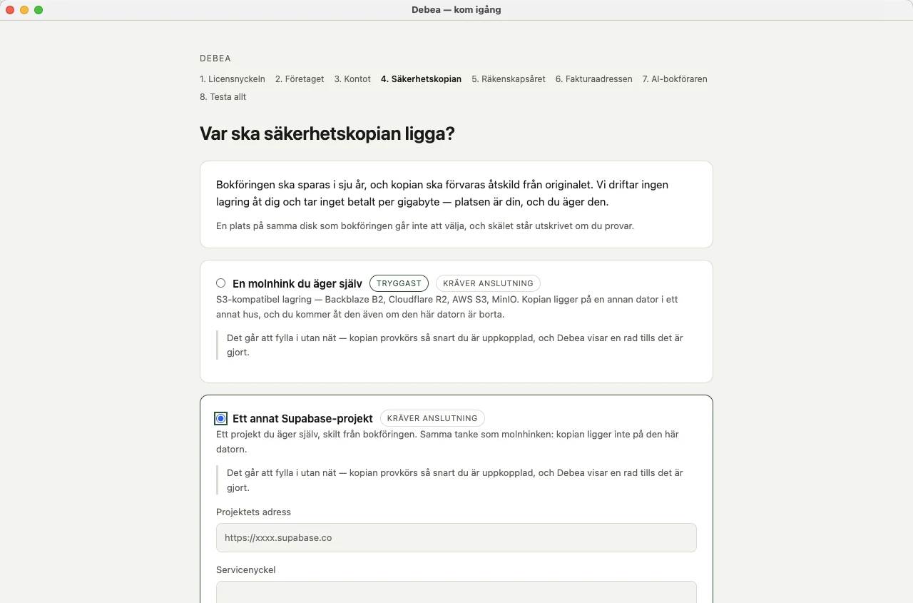 Steget Var ska säkerhetskopian ligga, med Ett annat Supabase-projekt valt