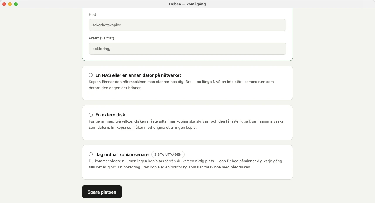Supabase-fälten för hink och prefix, plus alternativen NAS, extern disk och Jag ordnar kopian senare