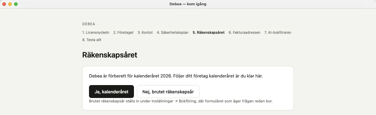 Steget Räkenskapsåret med valet mellan kalenderåret och brutet räkenskapsår