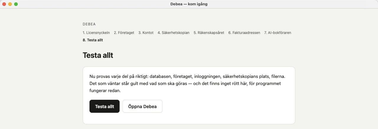 Steget Testa allt med knapparna Testa allt och Öppna Debea