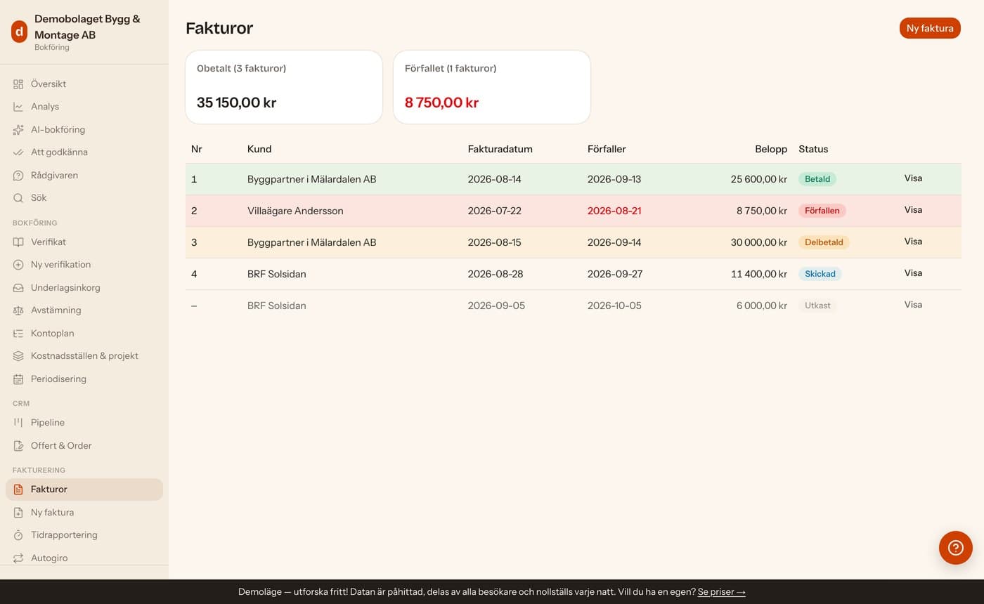Fakturor: statusar, e-faktura och påminnelser