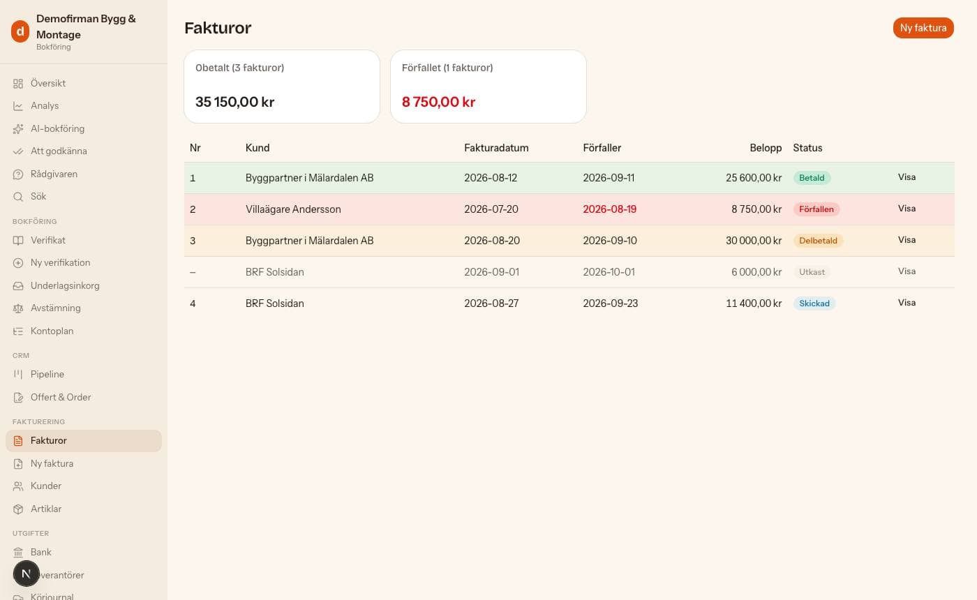 Fakturor: statusar, e-faktura och påminnelser