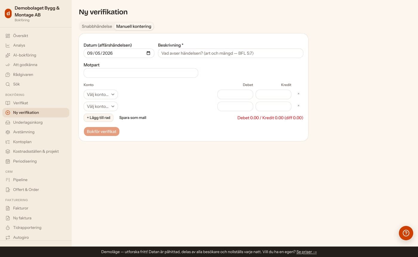 Bokföra manuellt (Ny verifikation)