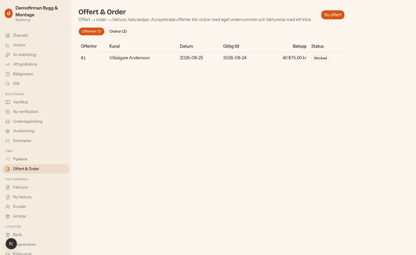 Offert → Order → Faktura