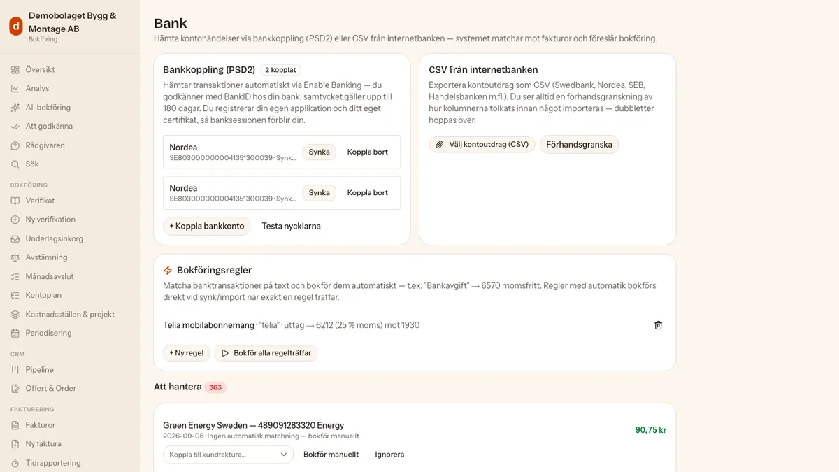Banksidan i demobolaget med två kopplade Nordea-konton under rubriken Bankkoppling (PSD2), rutan CSV från internetbanken bredvid, en bokföringsregel som konterar Telia mot 6212 och räknaren Att hantera på 363 poster